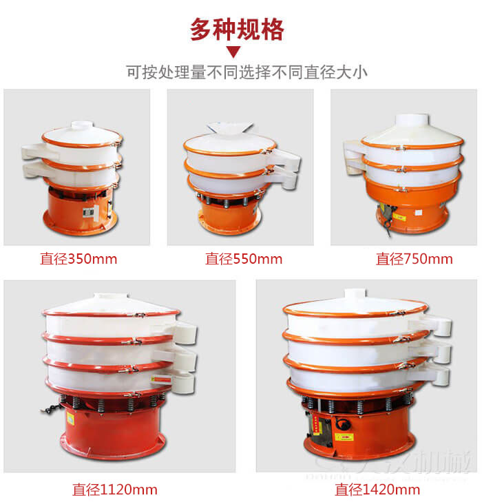 塑料振動篩不同篩分直徑進行展示：350，550，750，1120，1420等。