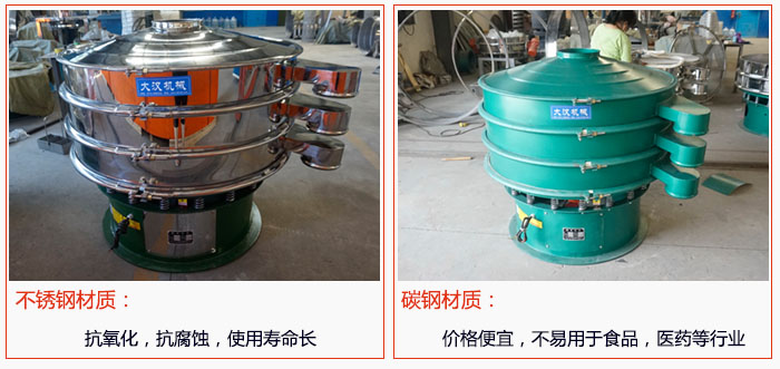 800型振動篩有不銹鋼和碳鋼兩種材質，不銹鋼材質：抗氧化，抗腐蝕，使用壽命長 碳鋼材質：價格便宜，不易篩分食品，化工，醫藥等行業的物料。
