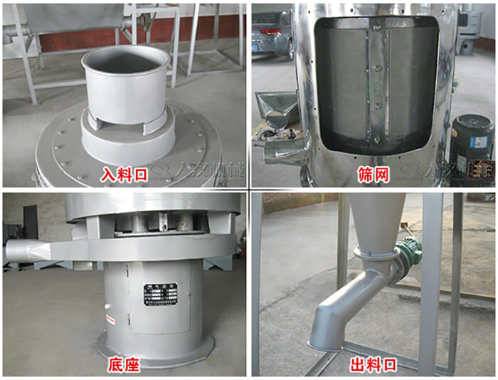 氣流篩部件展示：入料口，篩網(wǎng)，底座，出料口等。