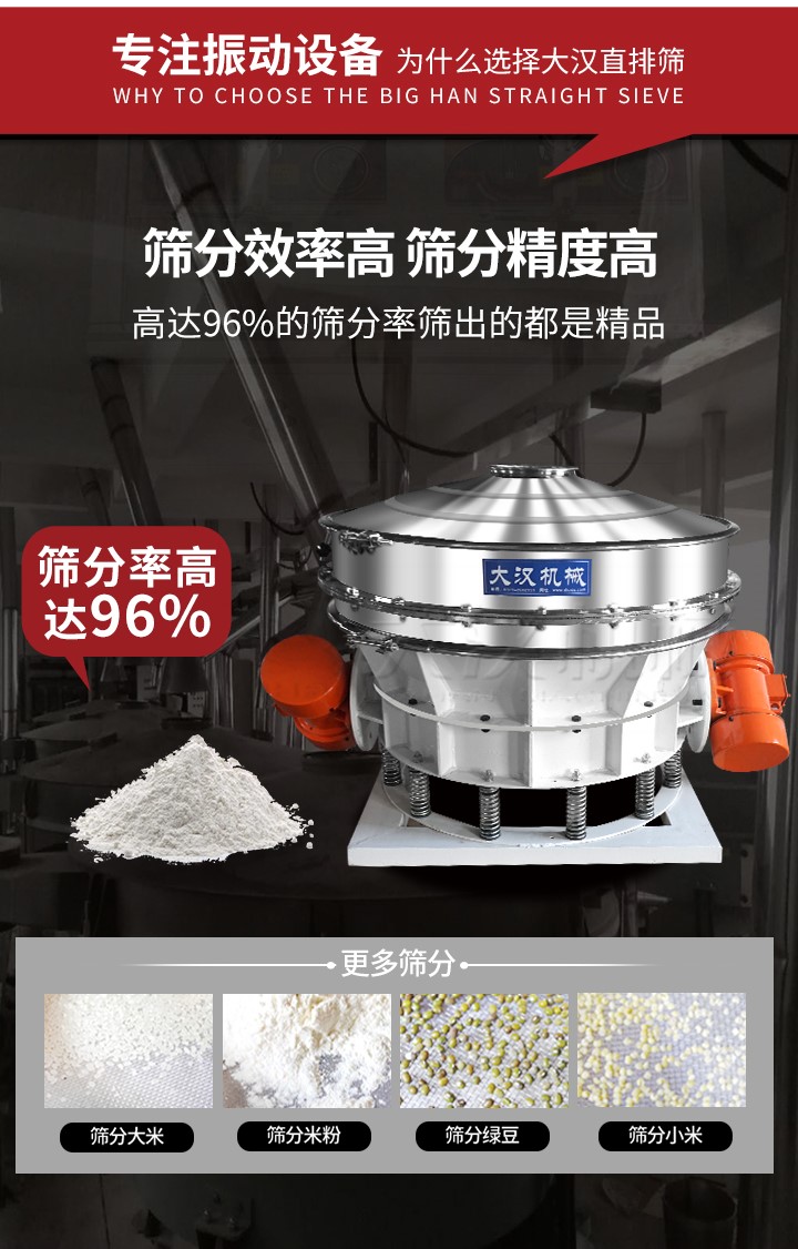 直排篩適用物料有面粉，淀粉，洗衣粉，金屬粉，添加劑，化工，非礦等行業。