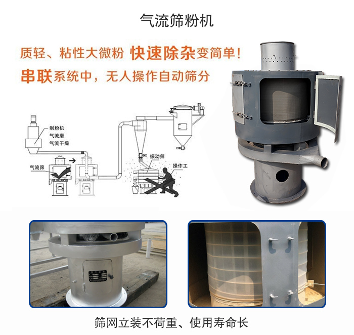 氣流篩粉機(jī)適用：質(zhì)輕，粘性大微粉采用串聯(lián)系統(tǒng)重，無人操作自動篩分 特點(diǎn)：篩網(wǎng)立裝不負(fù)重，使用壽命長。